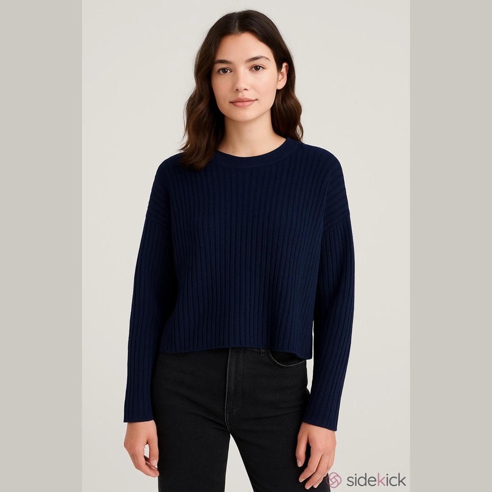 Eileen Fisher Sz XXS Cotton and Recycled Cashmere Crew Neck Ribbed Navy Blue